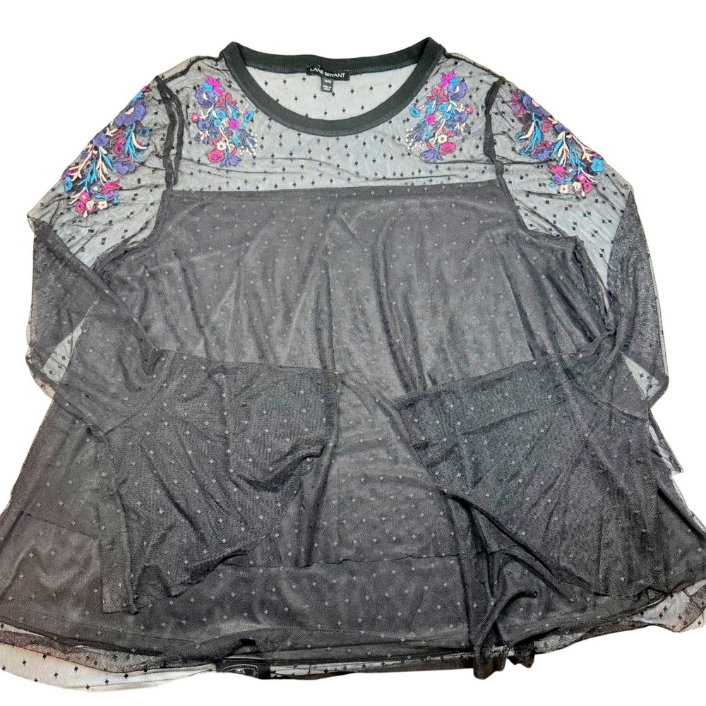 Black Polka‎ Dot Mesh Sheer Floral Embroidered Bell Sleeve Top 14/16 Whimsigoth